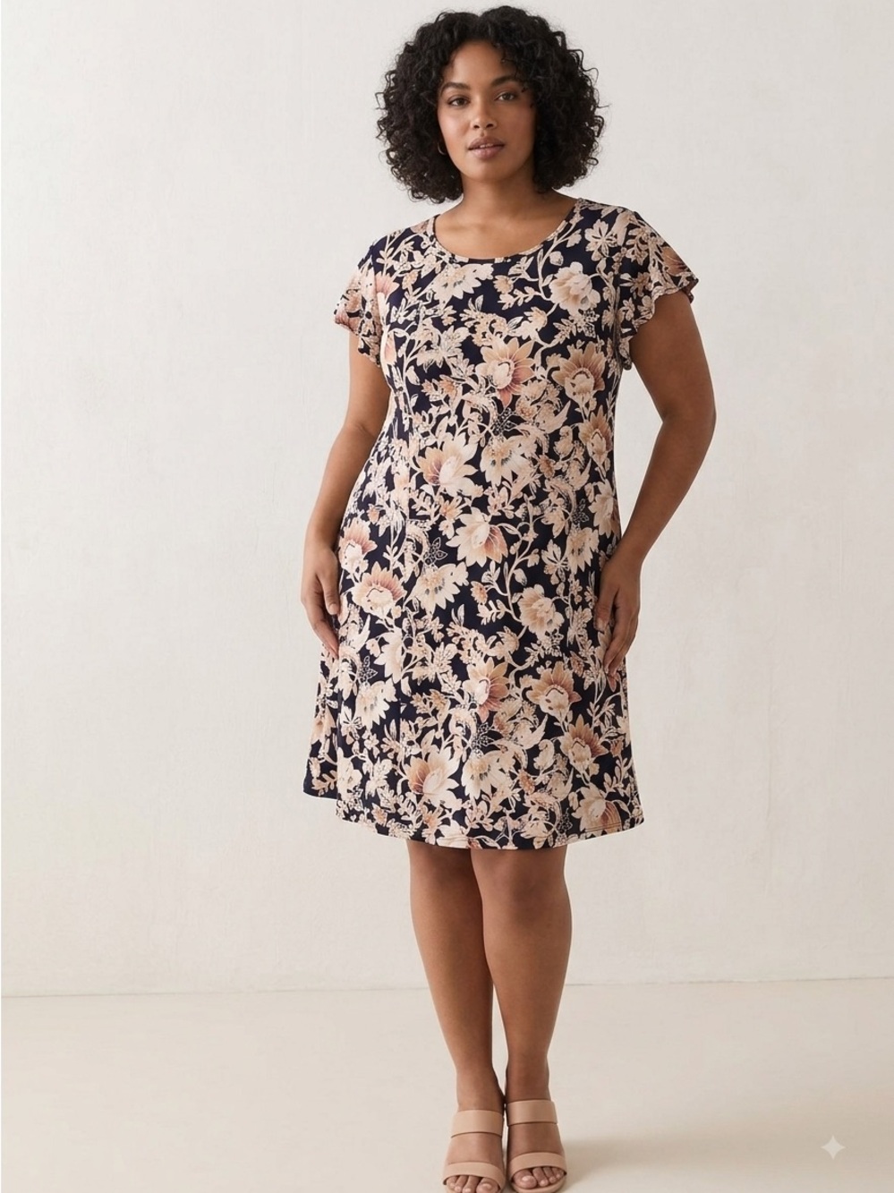 SJS Navy Floral Swing Dress with Cream and Tan Blooms